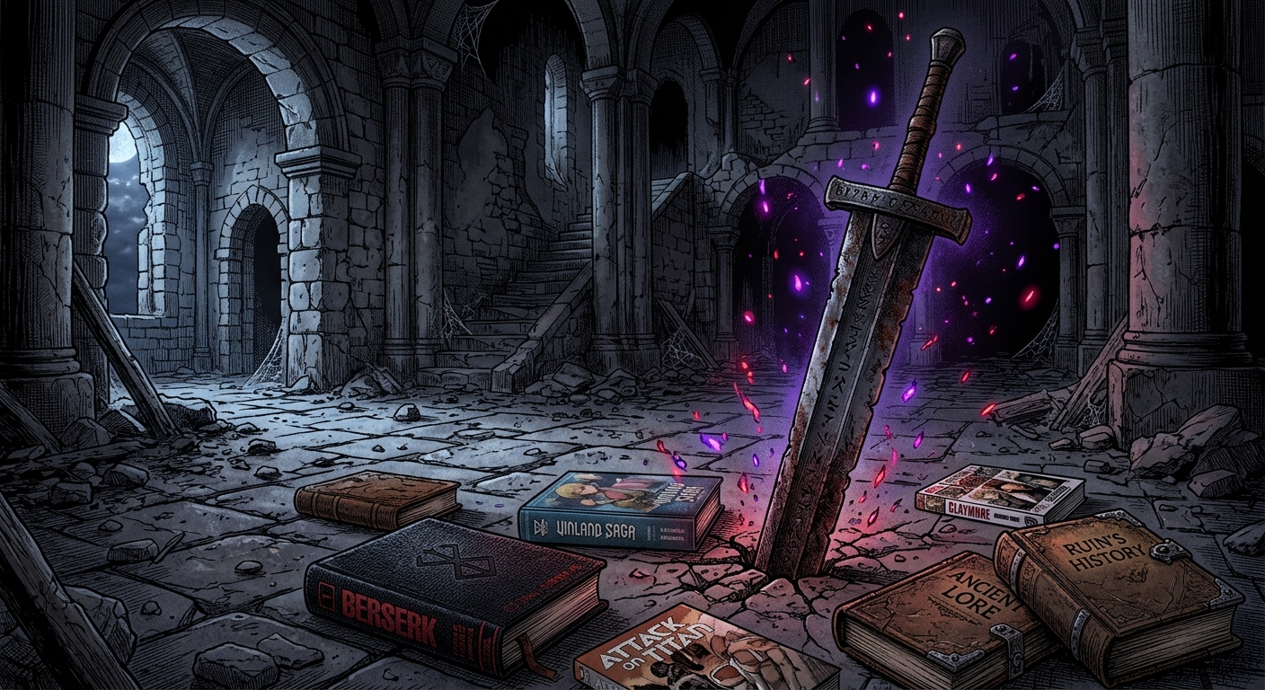 An ancient, heavy iron greatsword stabbed into the ground in a dimly lit, ruined stone castle with glowing purple magic embers and scattered manga volumes.