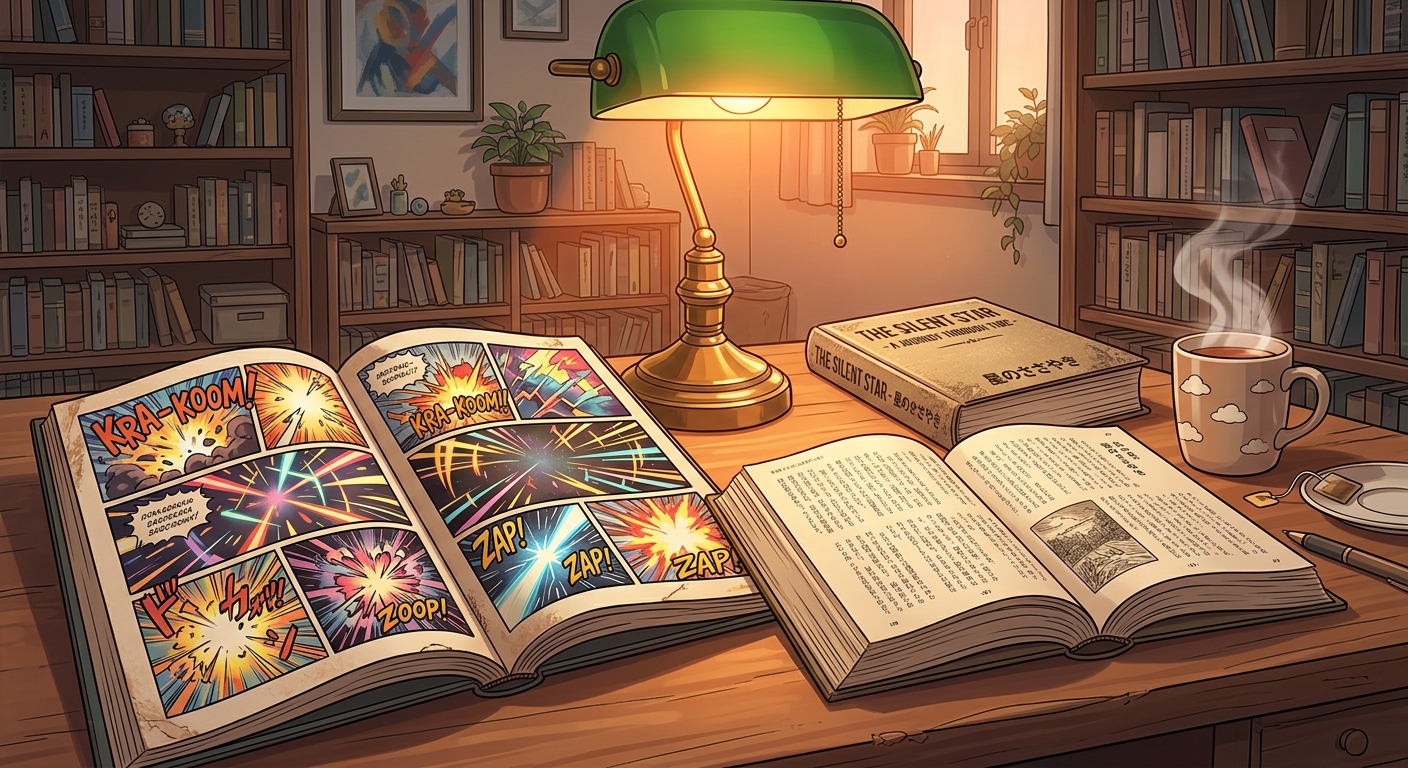 A cozy reading setup on a wooden desk showing an open comic book with dynamic action panels on the left and a thick text-based paperback novel on the right, illuminated by a vintage desk lamp.